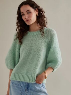 Relaxed Mint Green Crewneck Sweater with Balloon Sleeves - Women